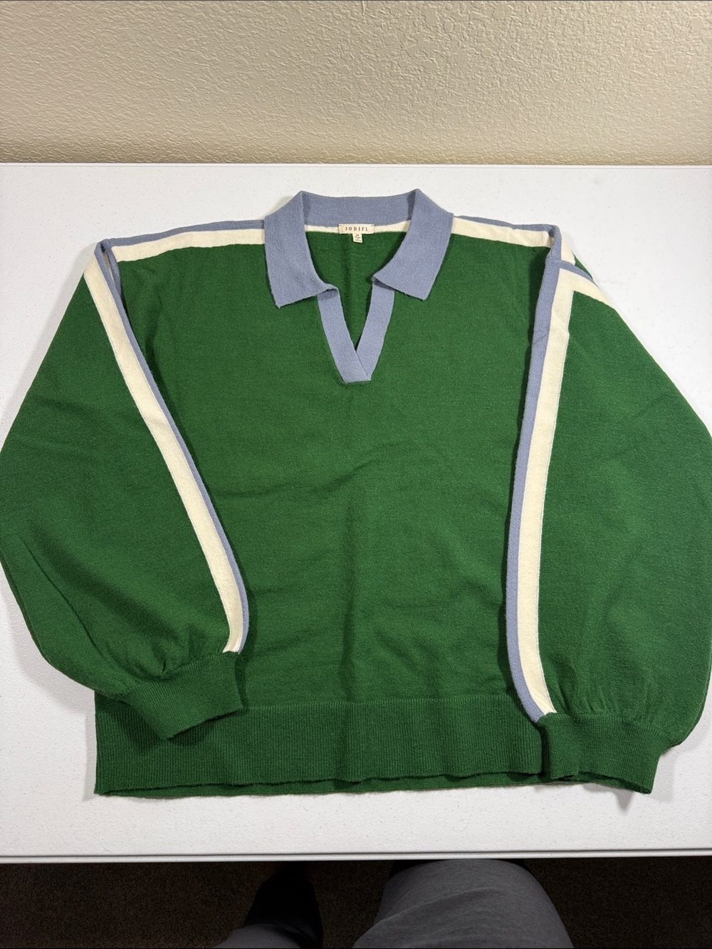 JODIFL Green V-Neck Polo Sweater with Blue Collar and Cream Stripes